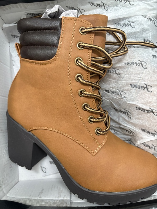 Forever 21 Shoes - Forever Tan Lace-Up Chunky Heel Ankle Boots with Dark Brown Collar